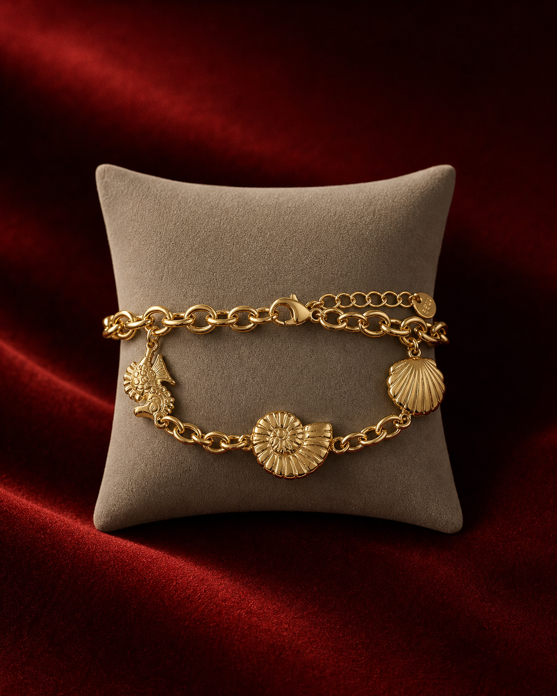 Bracelet océan coquillages et soleil sur fond rouge signature Amani by Layal