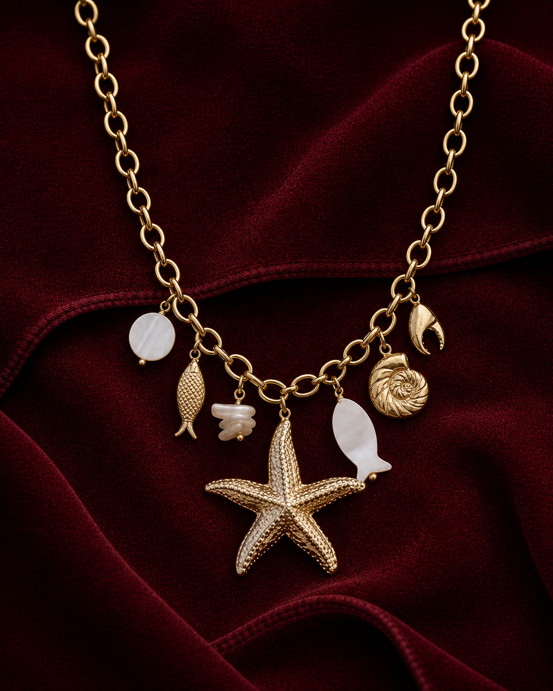 Collier océan à breloques marines sur fond rouge signature Amani by Layal